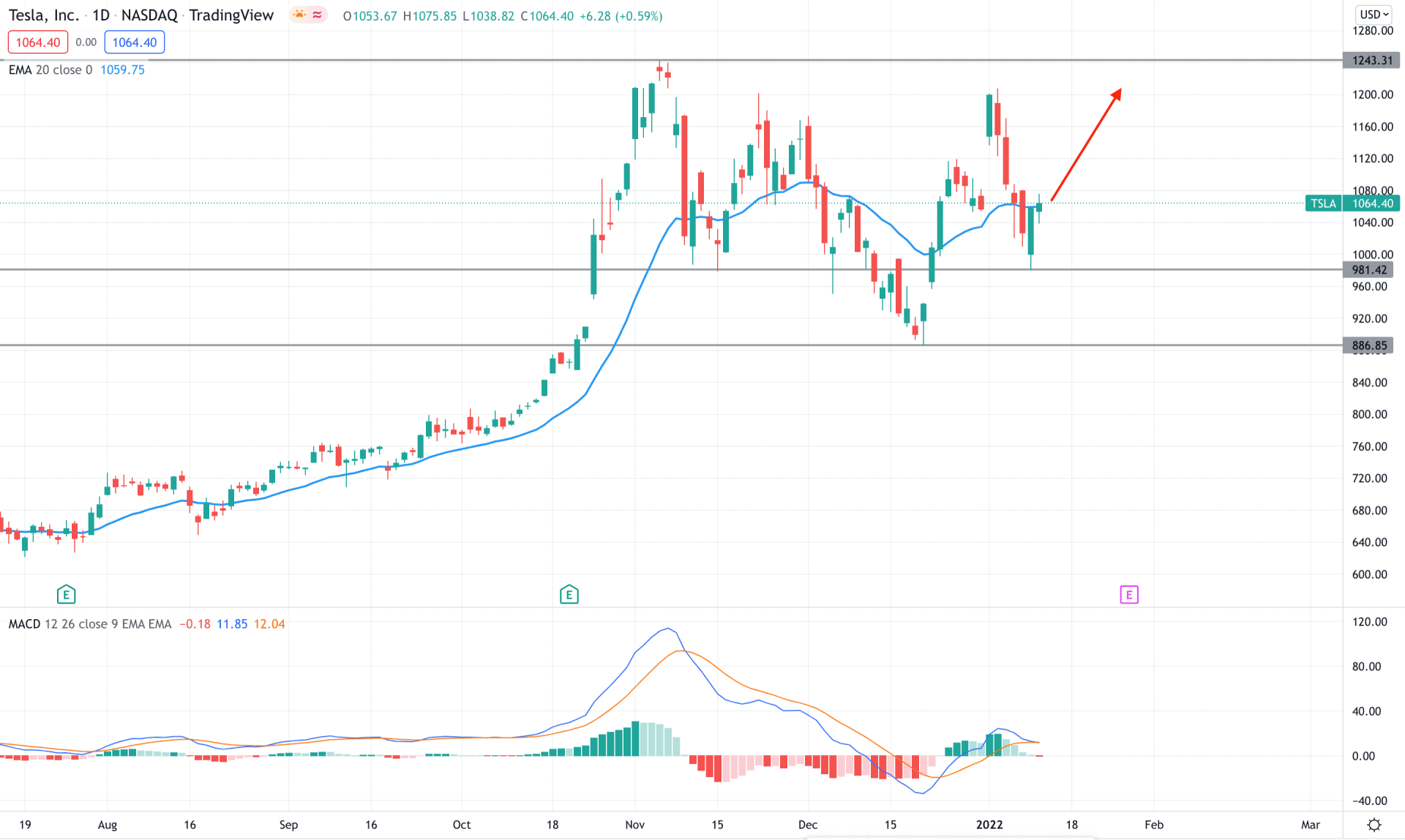 Tesla Stock Daily Technical Analysis 12th January 2022