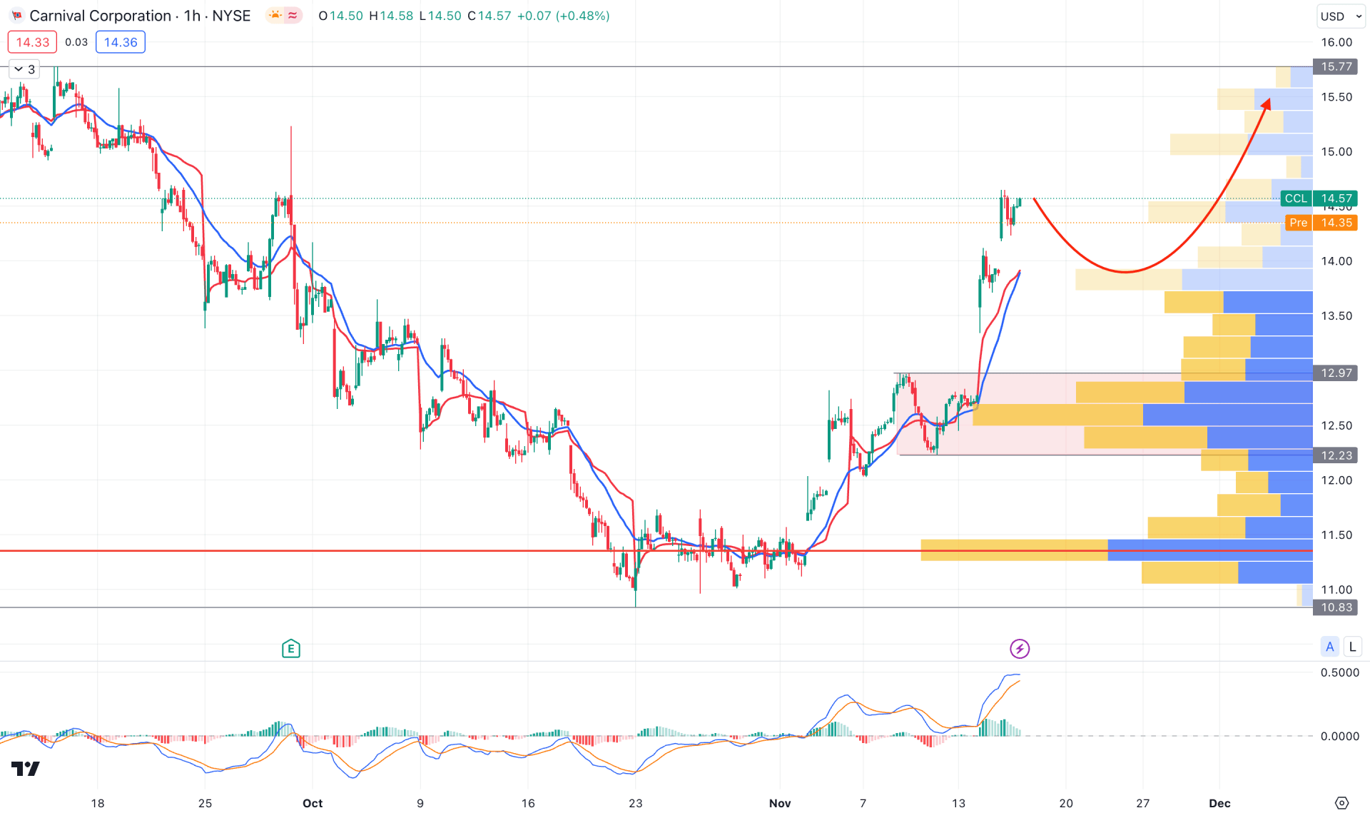 Carnival Corp Stock H1 Chart Technical Analysis 16th November 2023